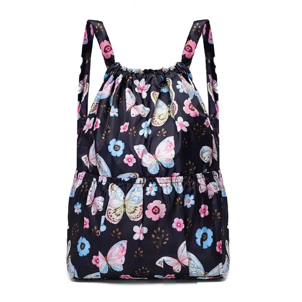 sac à cordon imprimé floral, sac de shopping portable en polyester de grande capacité, sac de voyage léger et étanche pour adolescentes