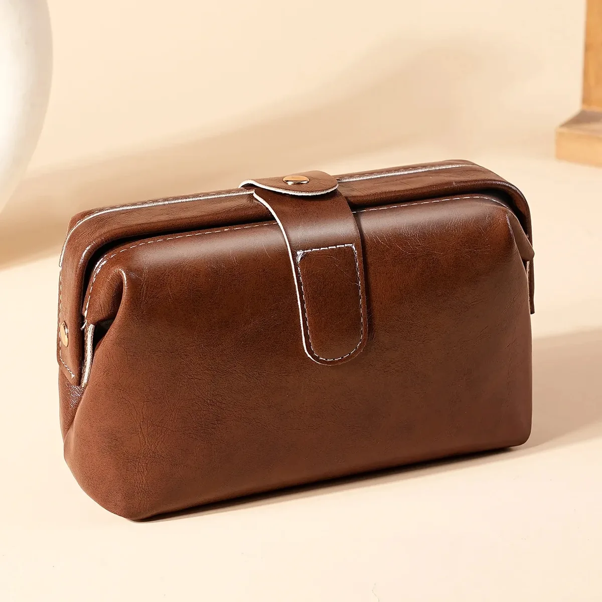 sac à cosmétiques en cuir pu vintage pour femmes et filles, porte-monnaie à boutons de couleur unie, trousse de maquillage étanche de grande capacité