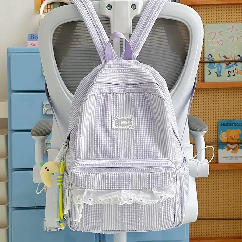 sac à dos coréen simple et esthétique en dentelle à volants, couleur unie, rayé, grande capacité, pour étudiantes, idéal pour l'école, les trajets quotidiens et les voyages