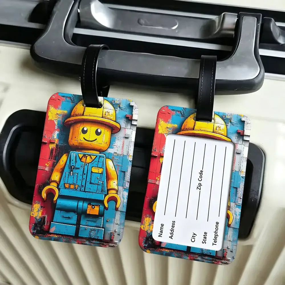 étiquette de valise en pvc anti-perte l-legos avec carte d'information, motif de dessins animés représentant diverses professions, identifiant de bagages léger pour les voyages quotidiens.