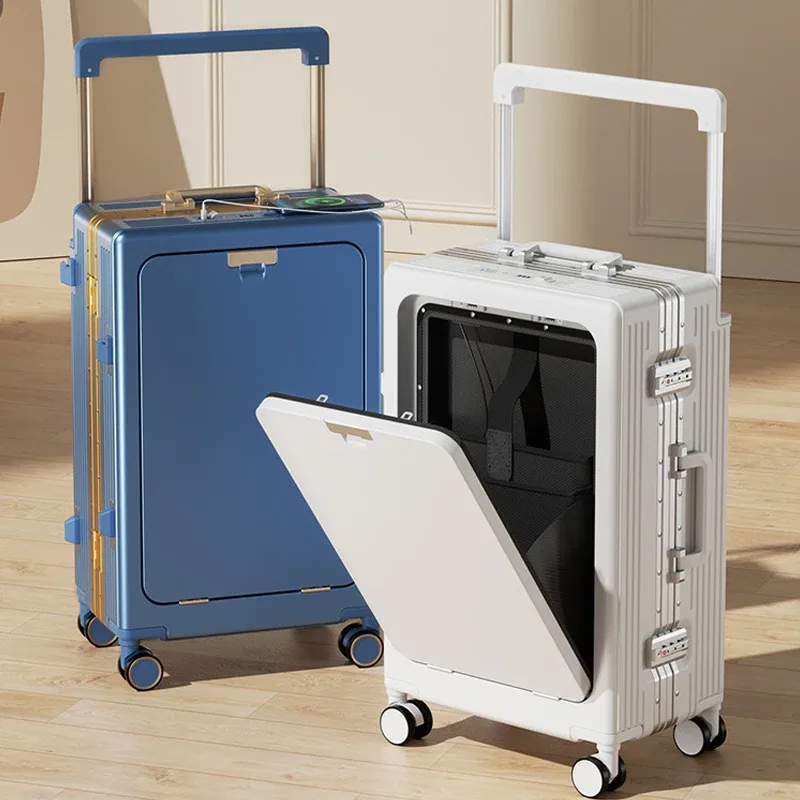 Valise de voyage à roulettes large avec ouverture frontale, cadre en aluminium, sac multifonctionnel pour ordinateur portable d'affaires, valise à main 20-28''