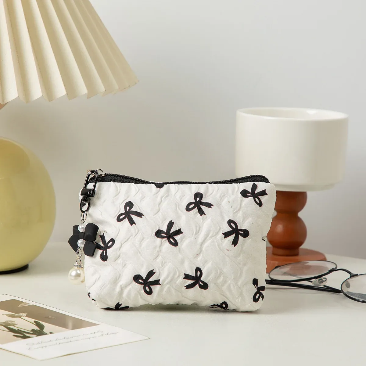 porte-monnaie mignon avec nœud, mini sac de rangement cosmétique, pochette portable à fermeture éclair pour femme, cadeau de voyage