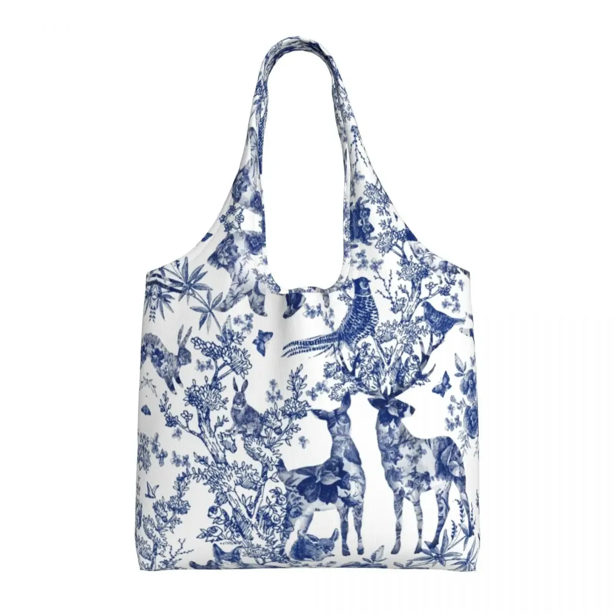 toile de jouy française classique vintage personnalisée, fourre-tout à motif bleu marine, fourre-tout de shopping en toile réutilisable, sac à bandoulière