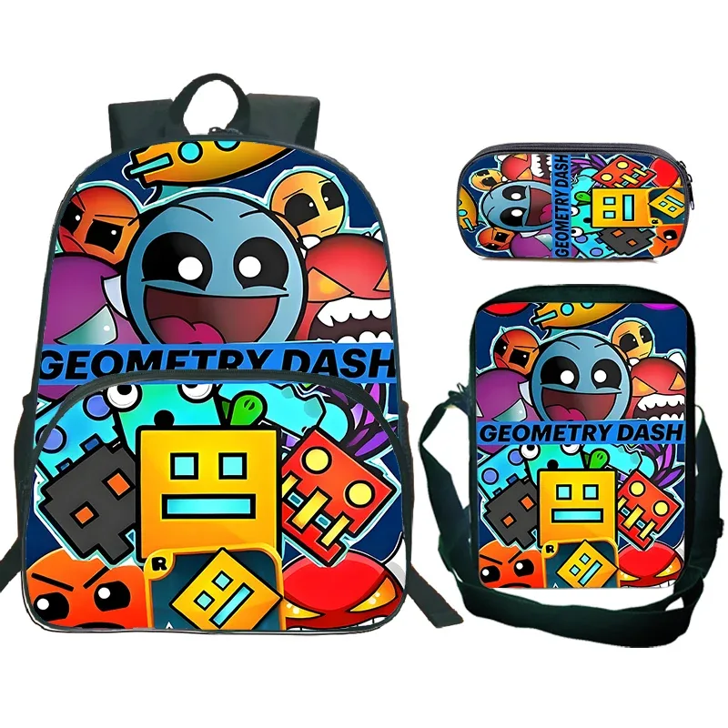 ensemble de 3 sacs à dos cartoon geometry dash pour garçons et filles, sac d'école de grande capacité, sac de voyage, sac à bandoulière pour enfants, sac à crayons