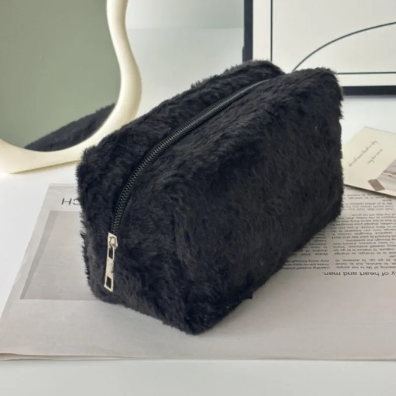 sac de maquillage en peluche grande capacité avec fermeture éclair, pochette portable pour voyage, organisateur de toilette pour femmes et filles, rangement quotidien en extérieur