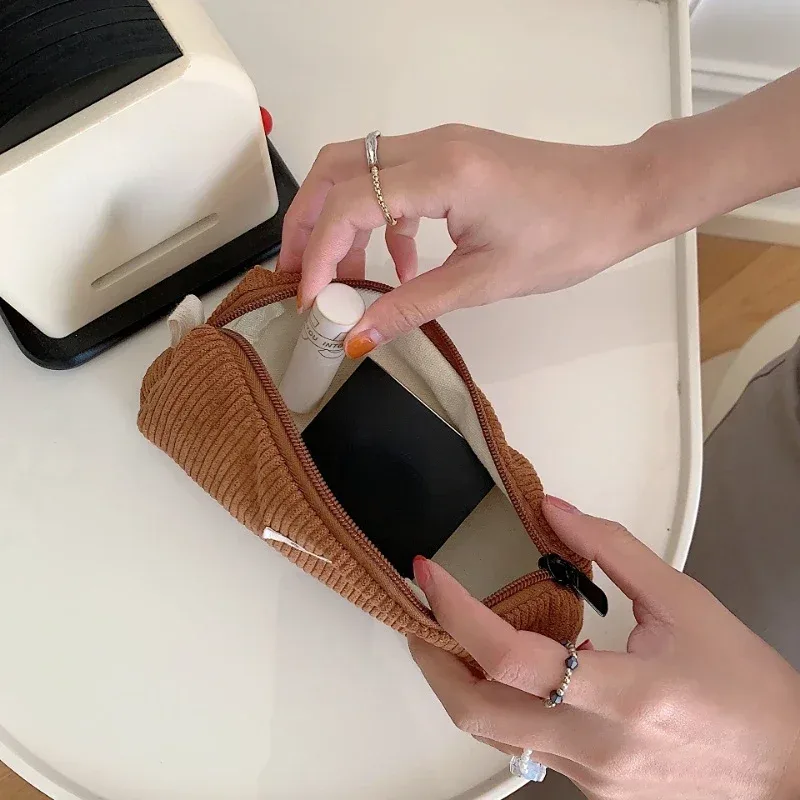 sac à cosmétiques en velours côtelé coréen, petite pochette de maquillage, trousse de toilette de voyage portable pour femmes, nécessaire de rangement, étui à crayons mignon pour étudiant