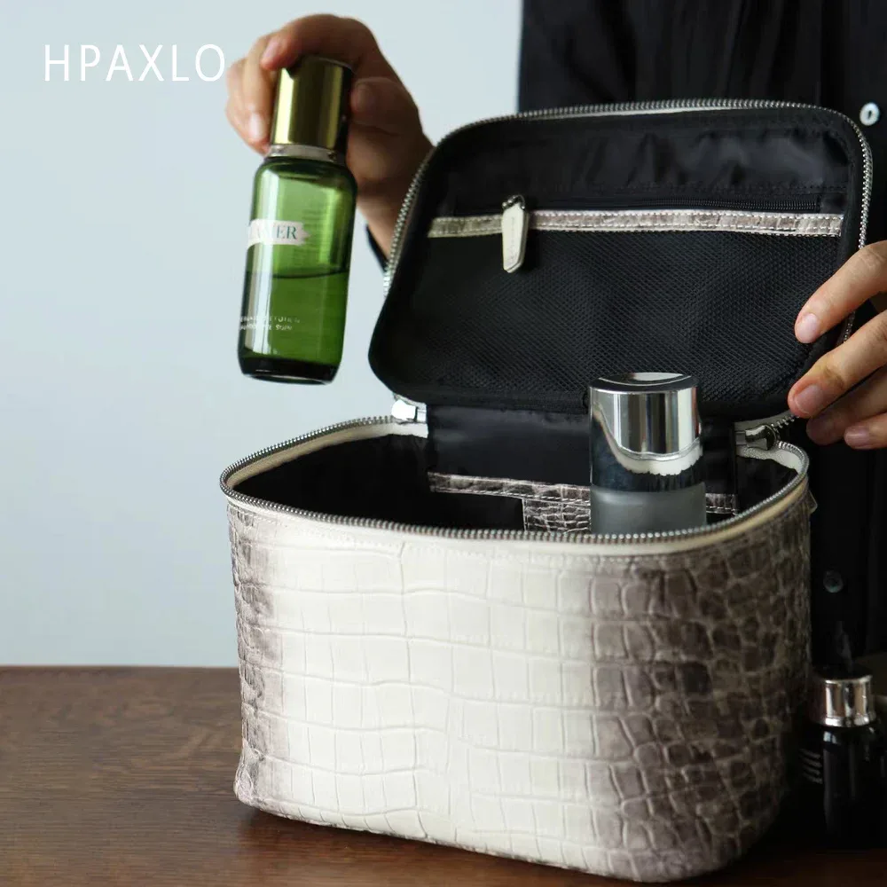 trousse de maquillage de luxe en cuir de crocodile gaufré, organisateur de toilette de voyage, pochette à cosmétiques portable, rangement pratique et durable pour femmes