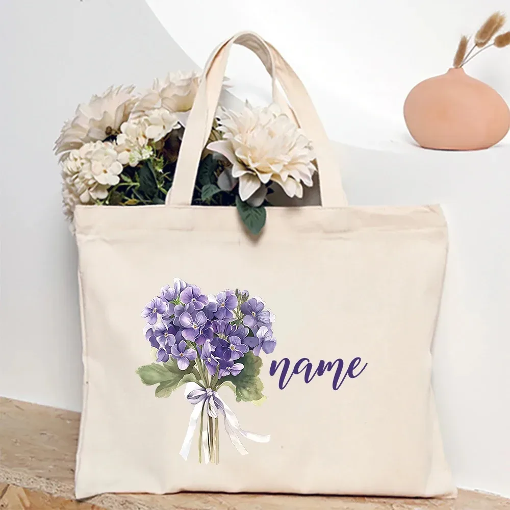 sac à bandoulière personnalisé avec fleur du mois de naissance et nom, sac fourre-tout en toile monogramme, idéal pour mariage, anniversaire, fête, meilleur cadeau pour elle