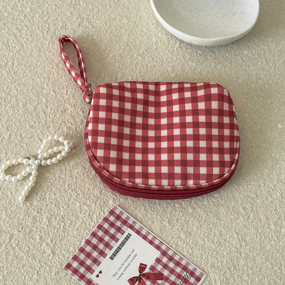 pochette à cosmétiques à carreaux, trousse de toilette de voyage minimaliste à blocs de couleur, nouvelle trousse de maquillage portable à motif quadrillé grande capacité