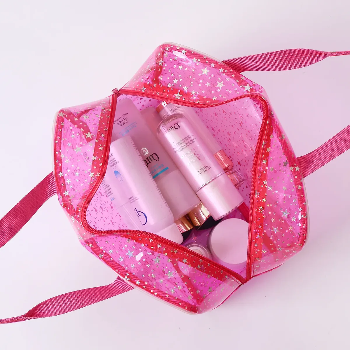 trousse de maquillage transparente grandes étoiles, avec sangle portable, trousse de toilette étanche en pvc, sac organisé pour cosmétiques, sac de voyage transparent