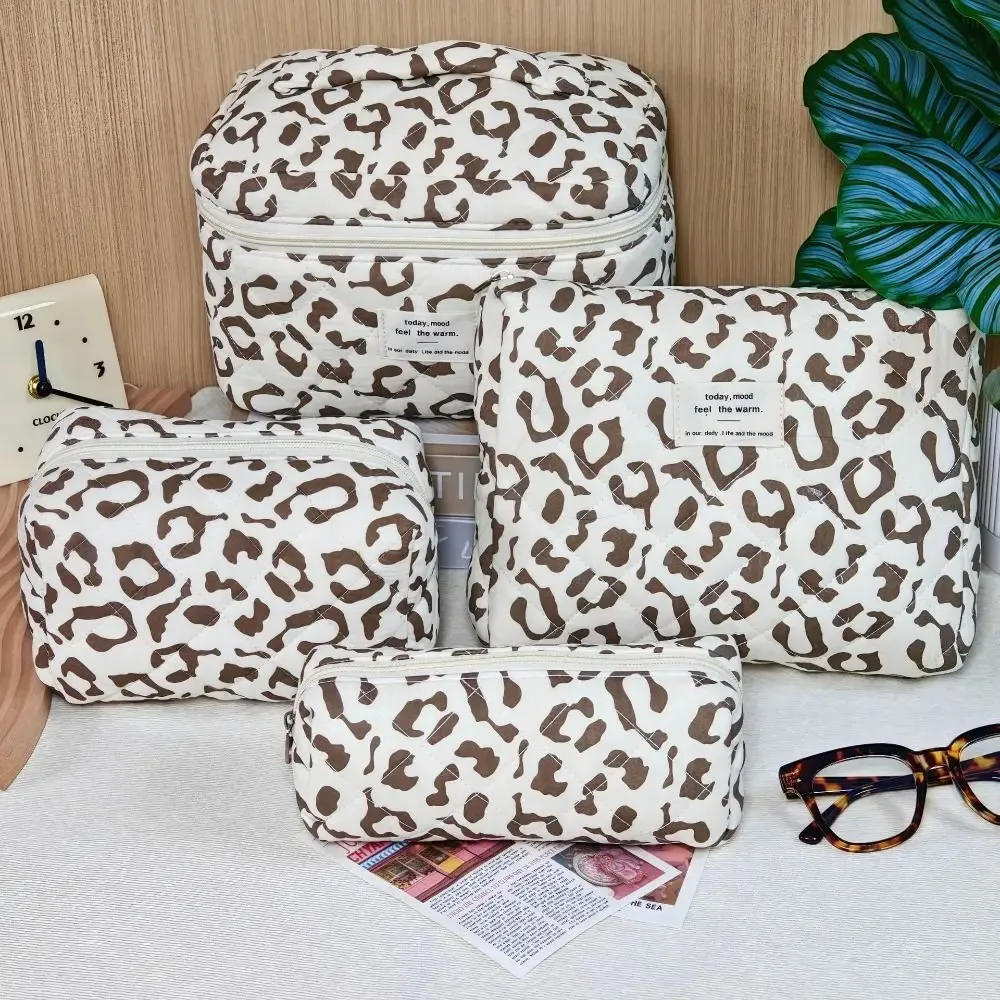 trousse de maquillage matelassée en coton grande capacité avec fermeture éclair, organisateur cosmétique imprimé léopard, sac de toilette portable