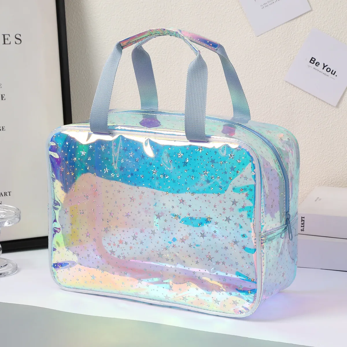 sac fourre-tout de voyage élégant en forme de cube de grande capacité, sac de maquillage imperméable à motif étoile, sac de rangement, trousse de toilette