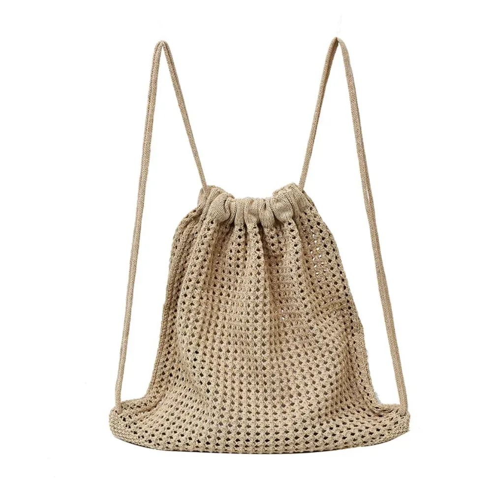 sac à bandoulière en tricot couleur unie grande capacité, sac à dos bohème ajouré au crochet, style décontracté polyvalent