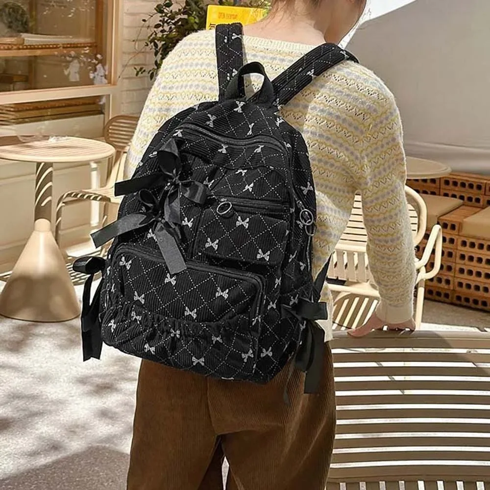 sac à dos décontracté en velours côtelé avec nœud, design soyeux, pour étudiants, en polyester, avec sangles fixes, grande capacité