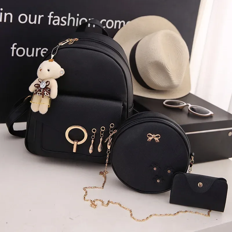 ensemble de sac à dos en cuir pour femme, portefeuille, porte-cartes, mode, nouveau, 3 pièces