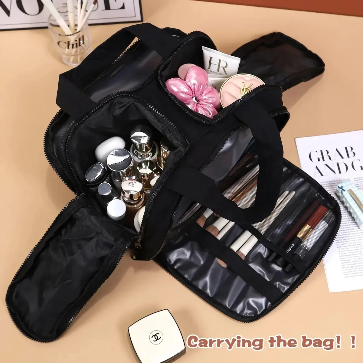 grande trousse de maquillage de voyage 180 °   organisateur de toilette à large ouverture, trousse à cosmétiques rembourrée résistante à l'eau avec poignée pour bouteilles pleines grand format