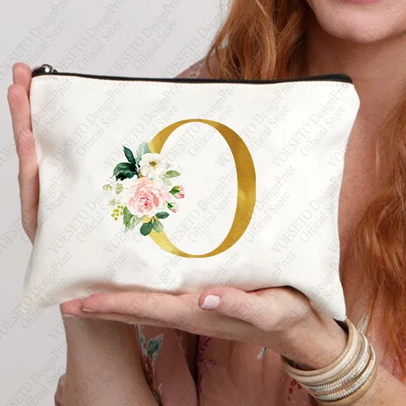 sac à fermeture éclair à motif initial pour femme, trousse de maquillage cosmétique, poudres de toile de bain de mariage, sacs de rouge à lèvres de voyage, cadeau de fête d'enterrement de vie de jeune fille