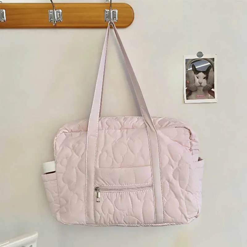 sac décontracté à porter sous le bras, sac de voyage, sac de style coréen, sac fourre-tout de couleur unie pour maman, sacs de rangement de voyage en forme de cœur pour femmes