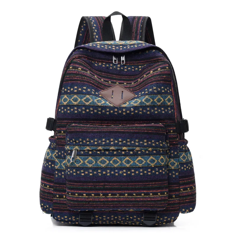 sac à dos de voyage décontracté en coton et lin, style ethnique, grande capacité, unisexe, pour loisirs en extérieur, résistant à l'usure, rayé