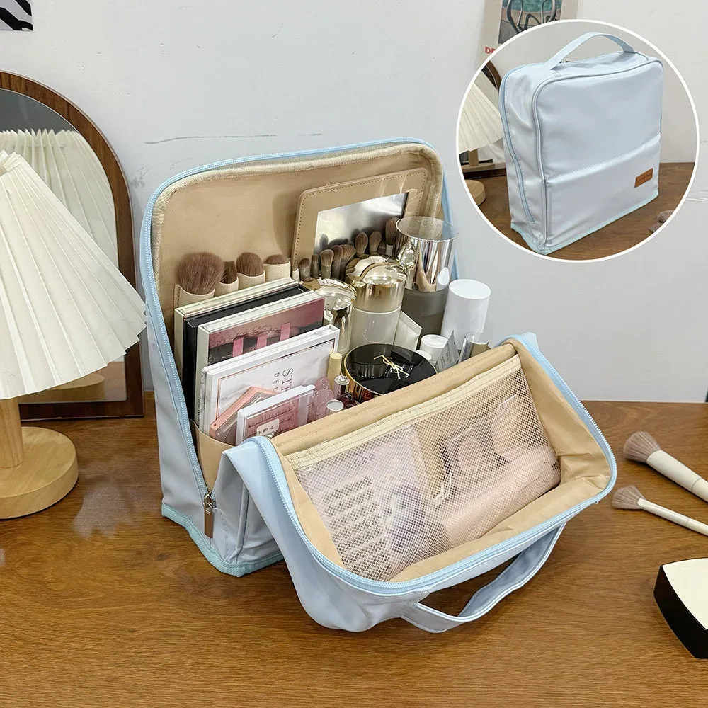 trousse de maquillage portable multifonctionnelle de grande capacité avec compartiments, miroir et fonction de maintien vertical pour les voyages et les articles de toilette