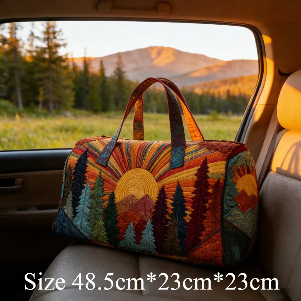 sac de voyage sun and mountain forest, artisanat de quilting fait main, unisexe, vintage, bohème, sac fourre-tout pour le week-end, camping, voyage en voiture, aventures en plein air
