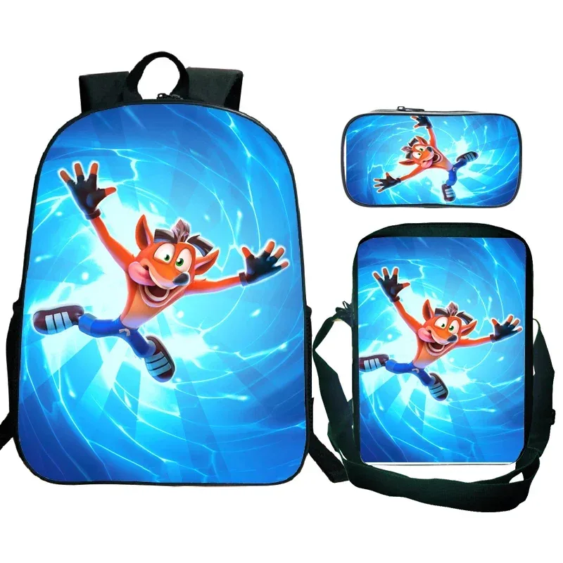 Sac à dos Crash Bandicoot On the Run 3 pièces pour élèves du primaire et du secondaire, sac à dos de dessin animé avec sac à bandoulière Mochila