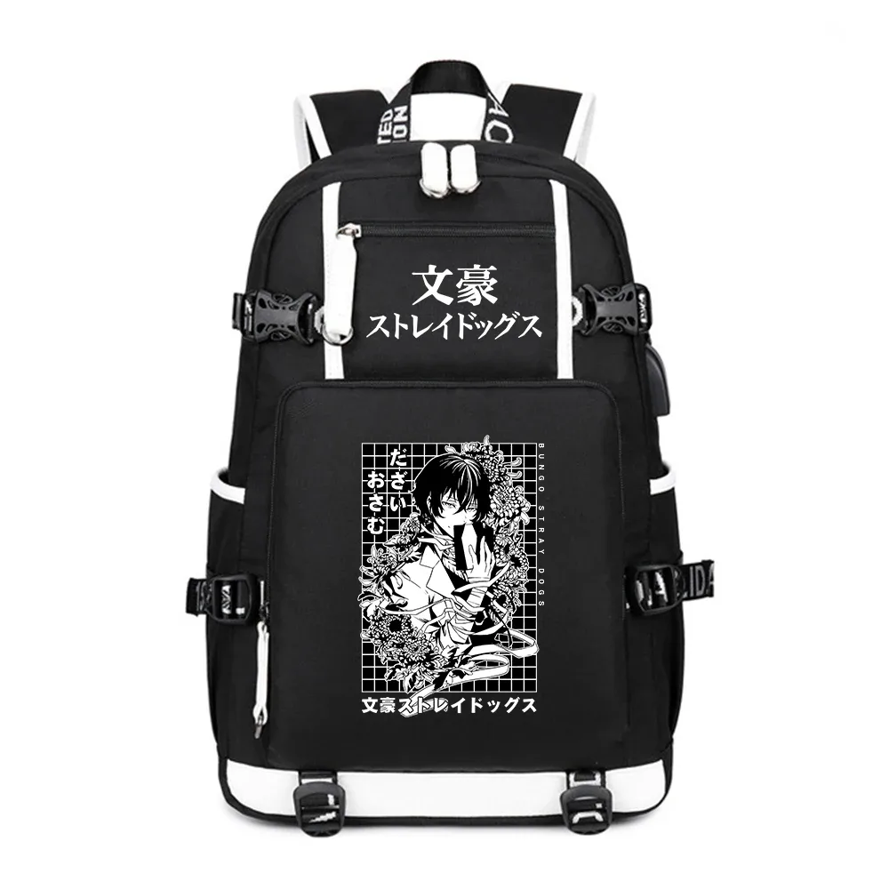 sac à dos de voyage bungo stray dogs oxford pour hommes, grands sacs d'école, cartable anime, chargement usb, sac à dos pour ordinateur portable, sacs initiés noirs
