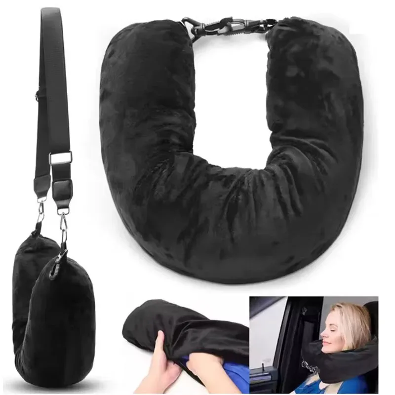 coussin de voyage pour le cou avec sac de rangement pour vêtements, housse de coussin en forme de u en polaire