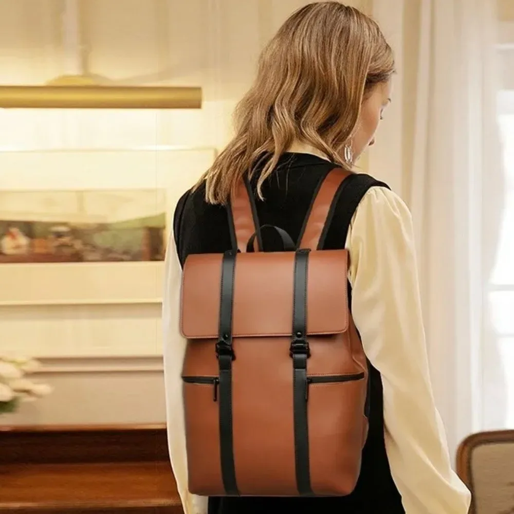 sacs d'école imperméables, sacs à dos pour ordinateur portable de grande capacité, sacs à dos en cuir de couleur unie avec bandoulière réglable