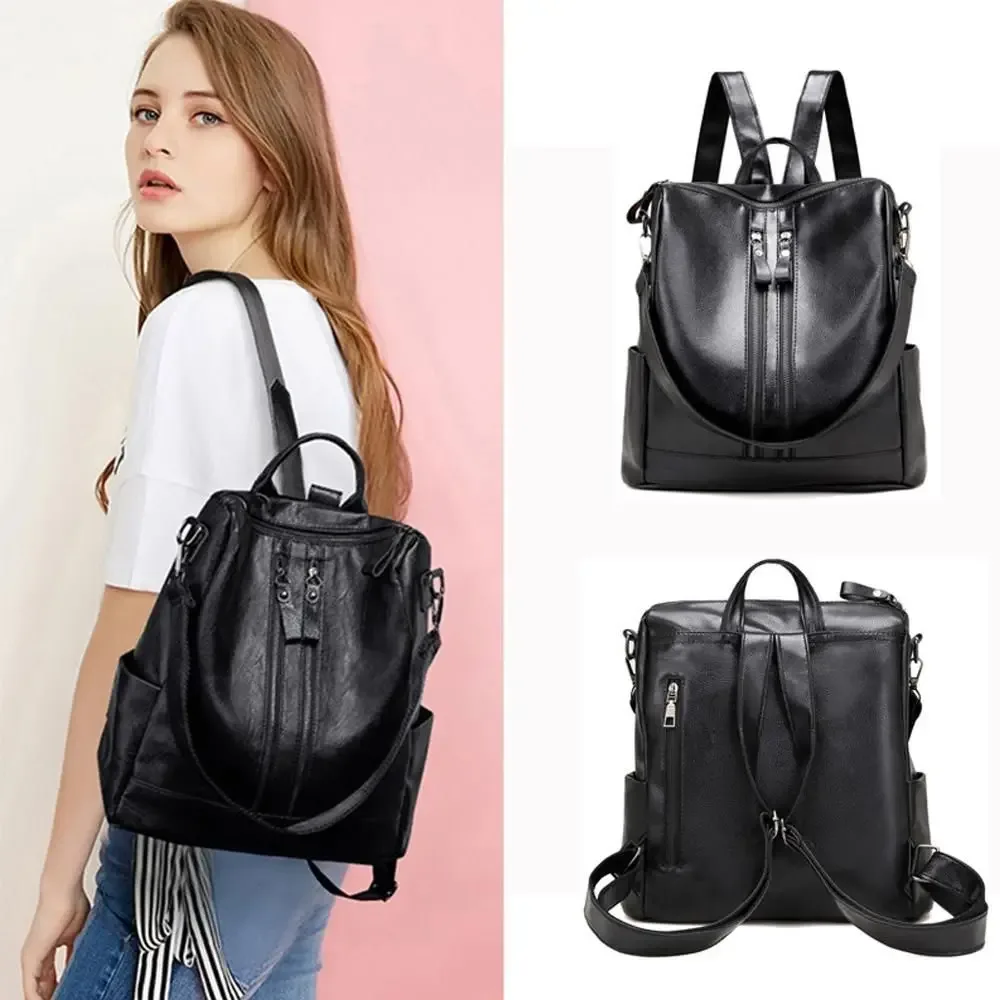 sac à dos d'école en cuir souple pour femme, sac d'université multifonctionnel décontracté, sacs initiés de grande capacité, fourre-tout de voyage, noir