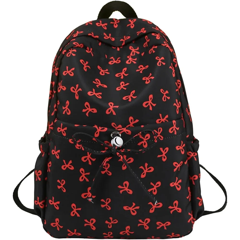 sac à dos mignon à nœud de grande capacité, sac d'école en nylon imprimé avec nœud, sac à dos de voyage à sangle réglable