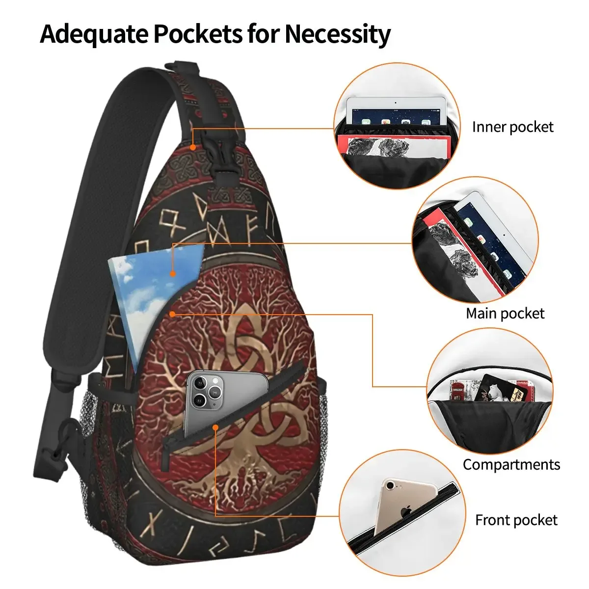 mythologie nordique viking sac à bandoulière sport arbre de vie triquetra sac de poitrine unisexe femmes homme mode épaule sacs à dos voyage