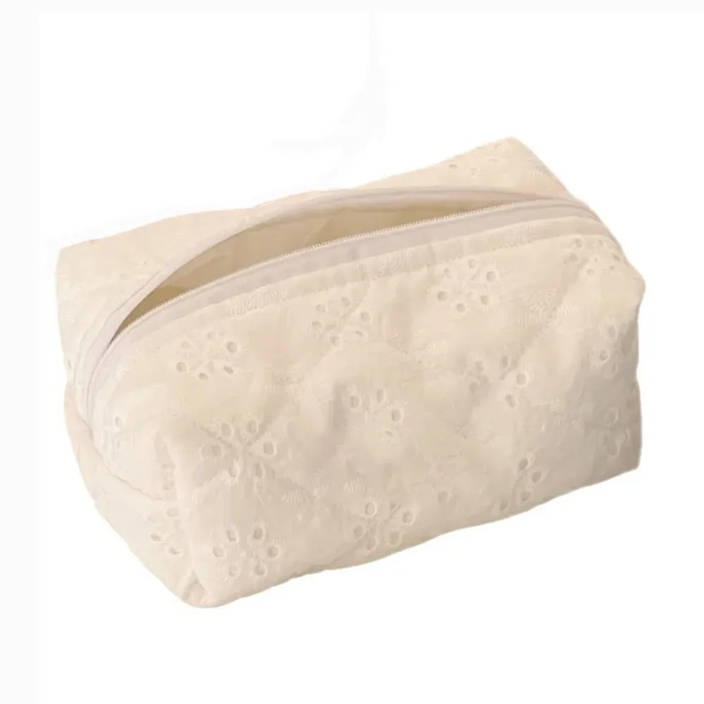 ins – trousse de maquillage matelassée, sac de rangement de voyage en dentelle blanche avec nœud élégant, sac à cosmétiques brodé floral, trousse de toilette de voyage