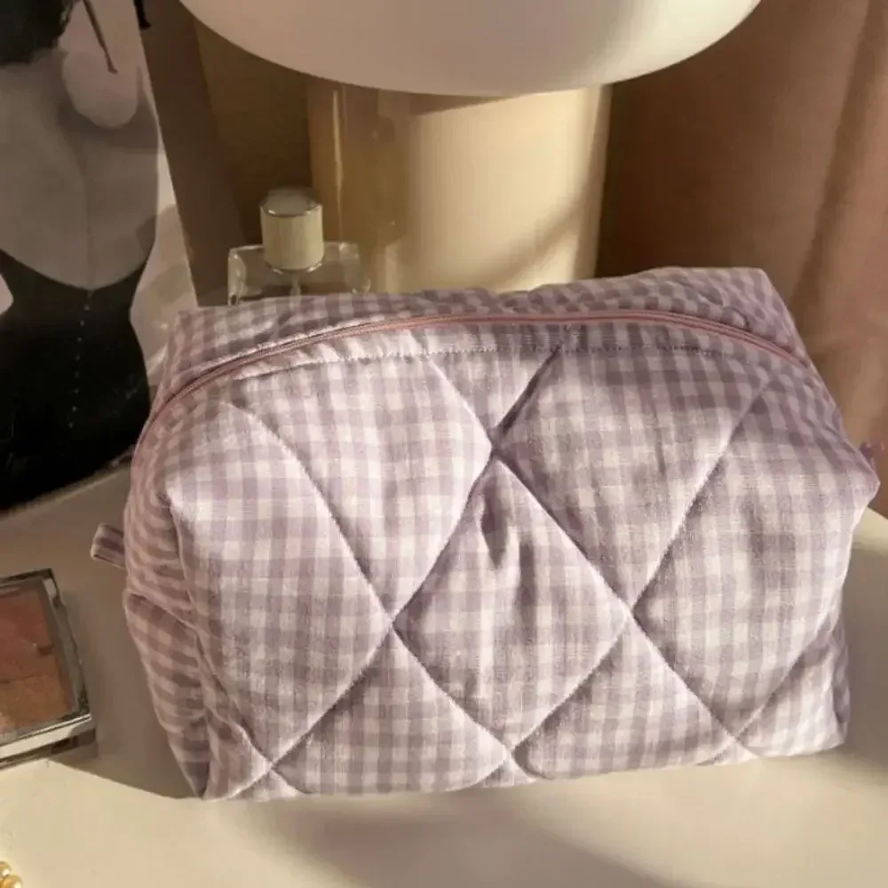 trousse de maquillage en coton matelassé, trousse de toilette portable à carreaux avec fermeture éclair, grande capacité, poudres de soin de la peau, voyage