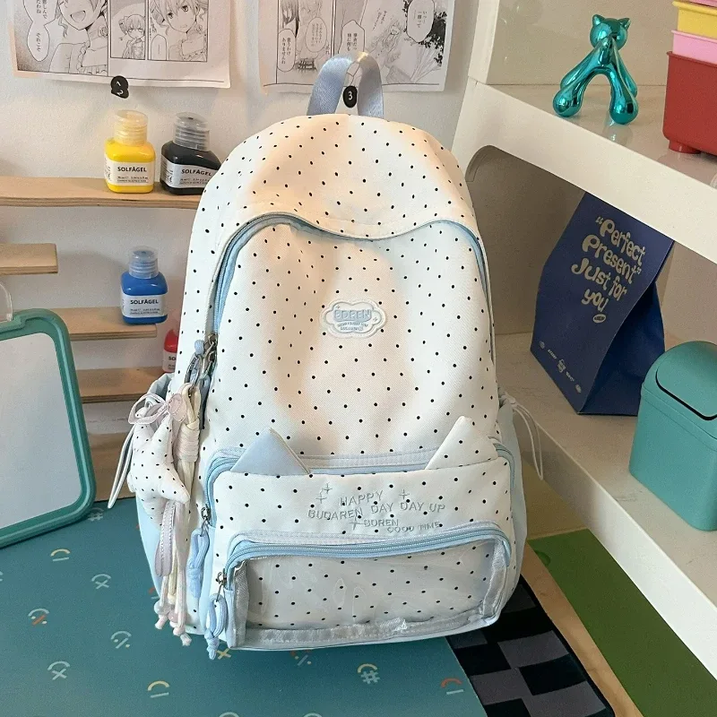 Sac à dos mignon à pois avec oreilles de chat, style preppy, en nylon léger, pour filles du collège et du lycée, sac Ita décontracté