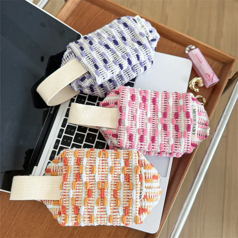sac à main tissé rayé pour fille, petit sac cosmétique portable, sac de rangement de voyage, sac intérieur color-block pour sac de voyage