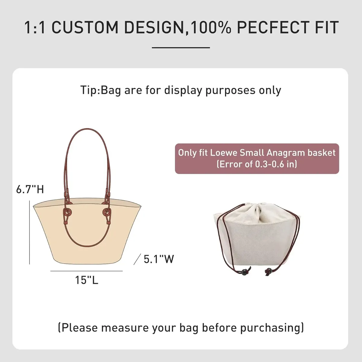 [sac non inclus] organisateur de sac à main pour le sac loewe small anagram basket, organisateur de sac en toile avec fermeture à cordon.