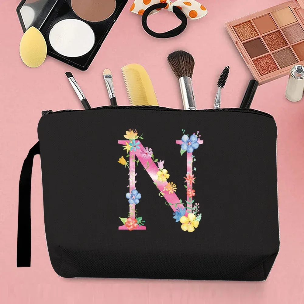 trousse de maquillage pour femmes, trousse de maquillage portable, trousse de maquillage de voyage pratique, sac à main en toile, motif de lettres roses, organisateur de bijoux