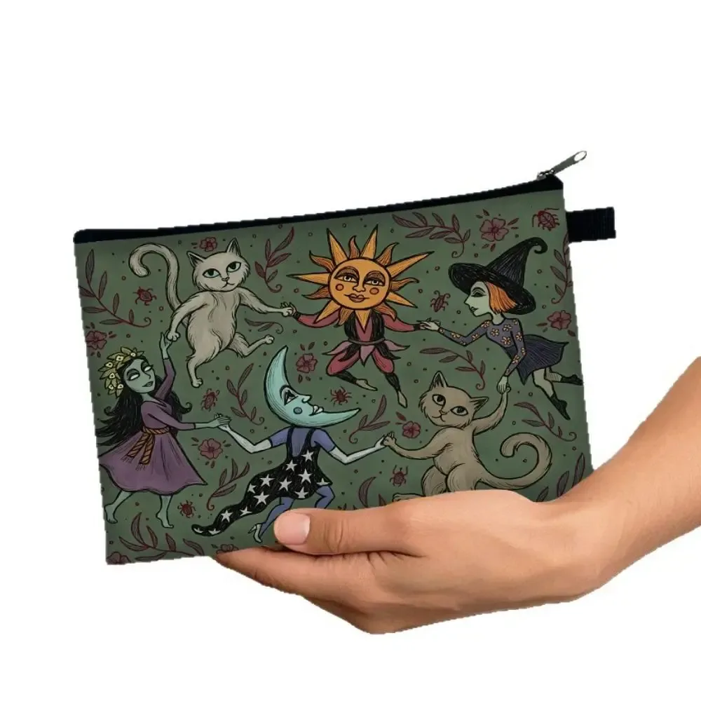 crayons cosmétiques verts, trousse de maquillage pour étudiants, 1 pièce, trousse de maquillage de nuit de forêt, conception fantaisiste de chat et de lune sur l'obscurité