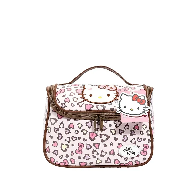 véritable trousse de maquillage hello kitty, trousse de maquillage kawaii à imprimé léopard, sac de rangement de grande capacité, sac de voyage portable.