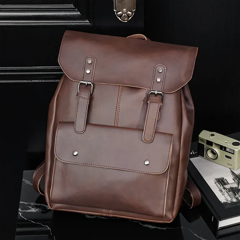 goyn vintage hommes en cuir sac à dos bookbag 14 pouces pochette d'ordinateur étanche utilitaire grande capacité sac à dos randonnée travail d'affaires