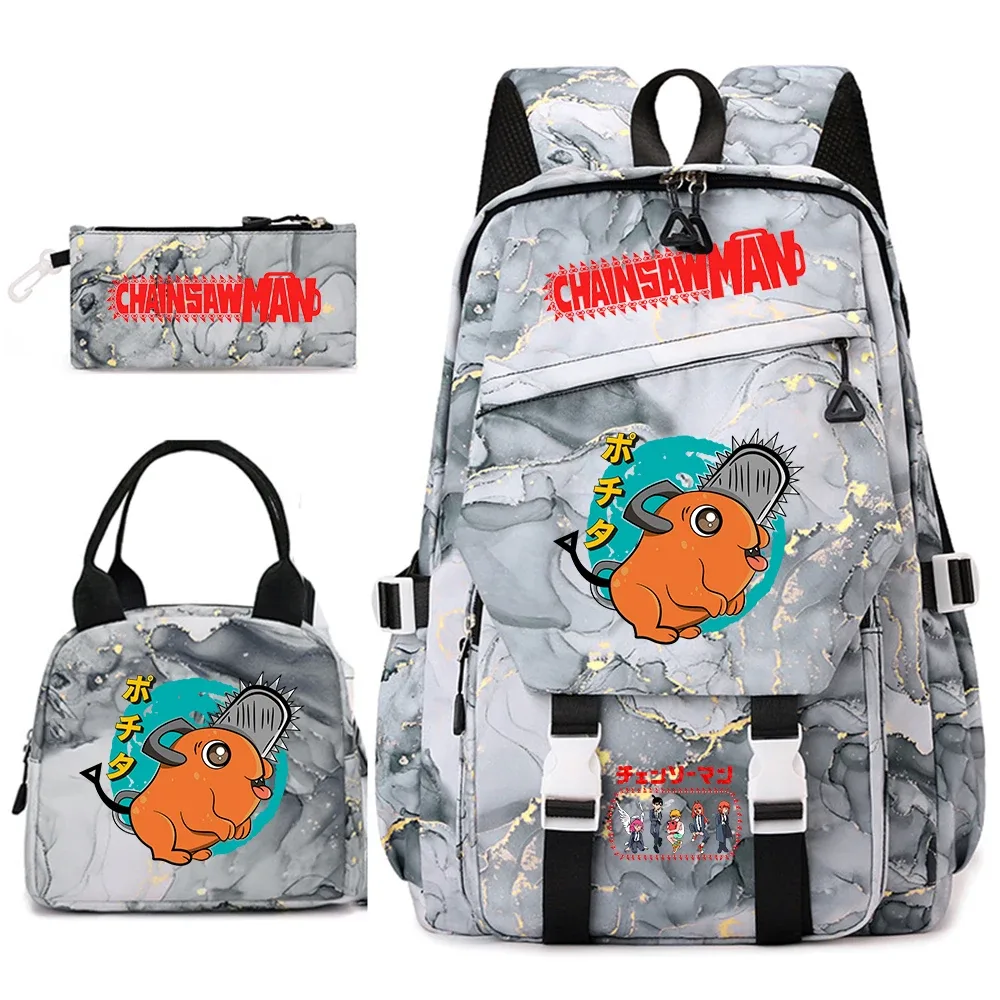 ensemble de sacs à dos pour étudiantes avec imprimé chainsaw man anime, pour filles, avec sac à lunch et trousse à crayons, pour une utilisation quotidienne à l'école
