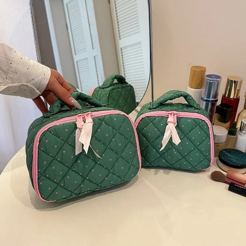 pochette de maquillage pour femme à pois, en coton matelassé, motif imprimé, sac de rangement pour maquillage, trousse de toilette de voyage
