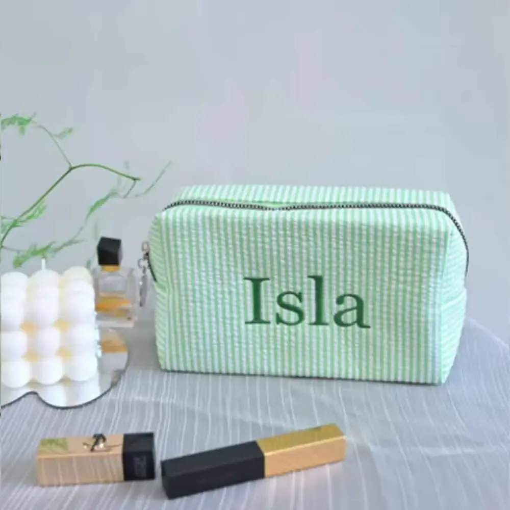 trousse de toilette brodée sur mesure, pochette cosmétique personnalisée en seersucker rayé, organiseur de voyage couleur bonbon, cadeaux pour demoiselles d'honneur