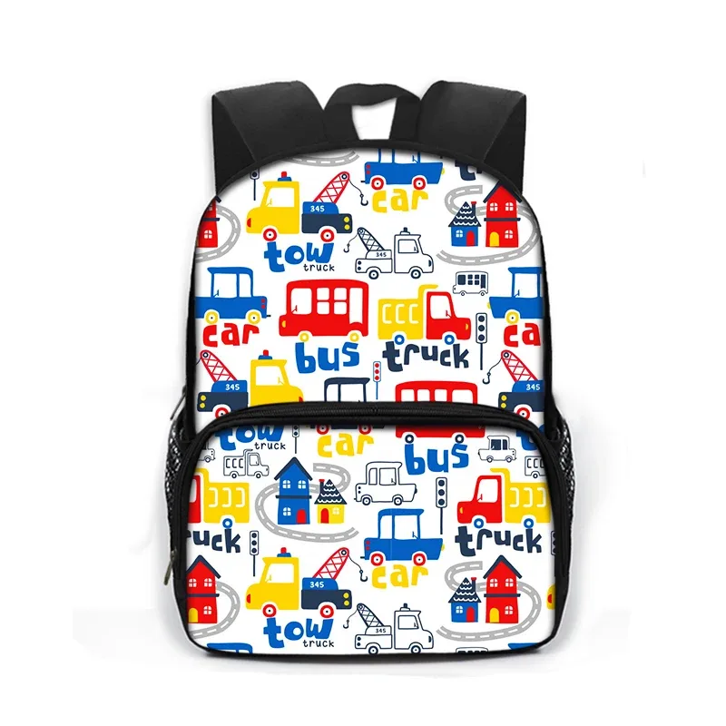 sac à dos imprimé dessin animé de police, voiture, bus, pelle, camion, sac de jour pour enfants, sac de livre pour écoliers de maternelle