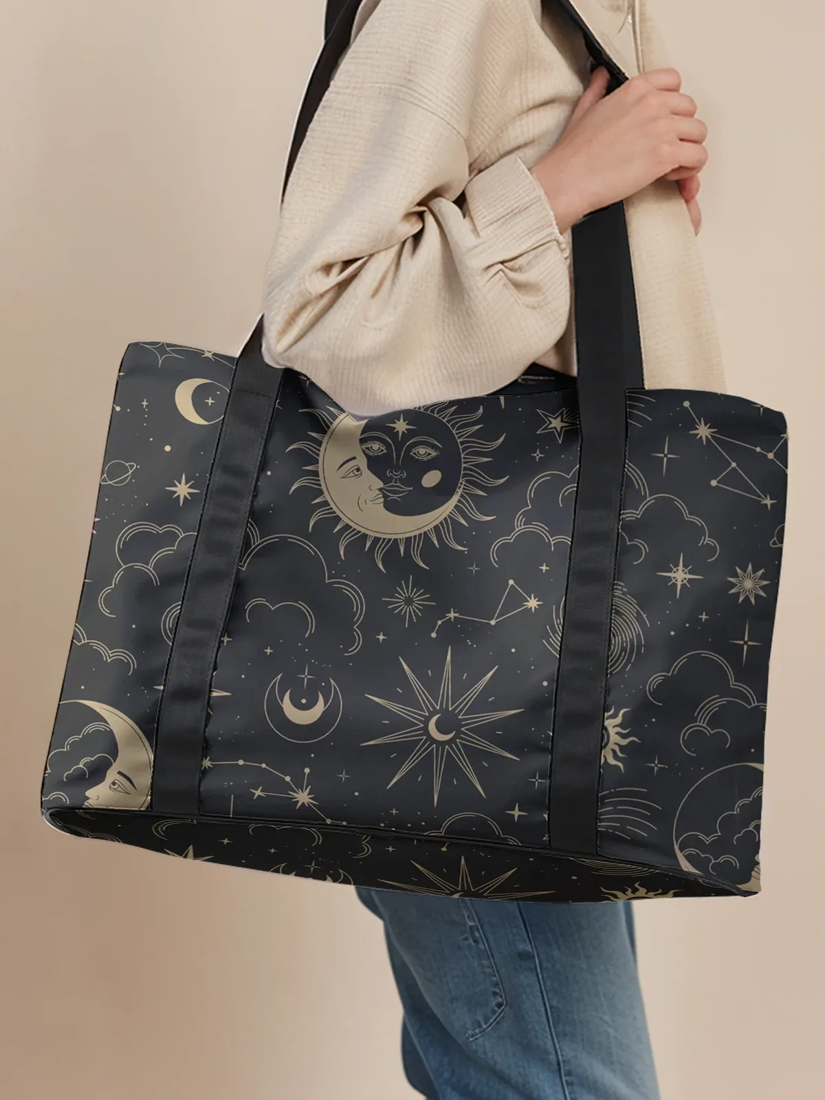 Grand sac fourre-tout imprimé soleil, lune et étoiles, sac à main à bandoulière, sac de rangement à larges sangles pour les voyages, la plage, le shopping, la salle de sport et les trajets quotidiens