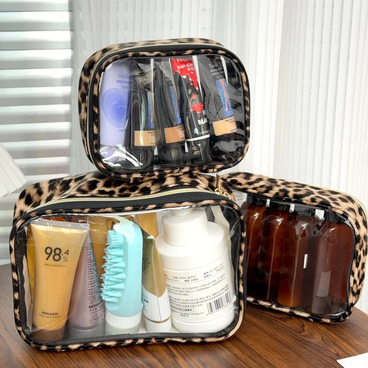1/3 pièces transparent imprimé léopard sac de maquillage grande capacité étanche clair sac cosmétique voyage maquillage cosmétique organisateur fermeture éclair