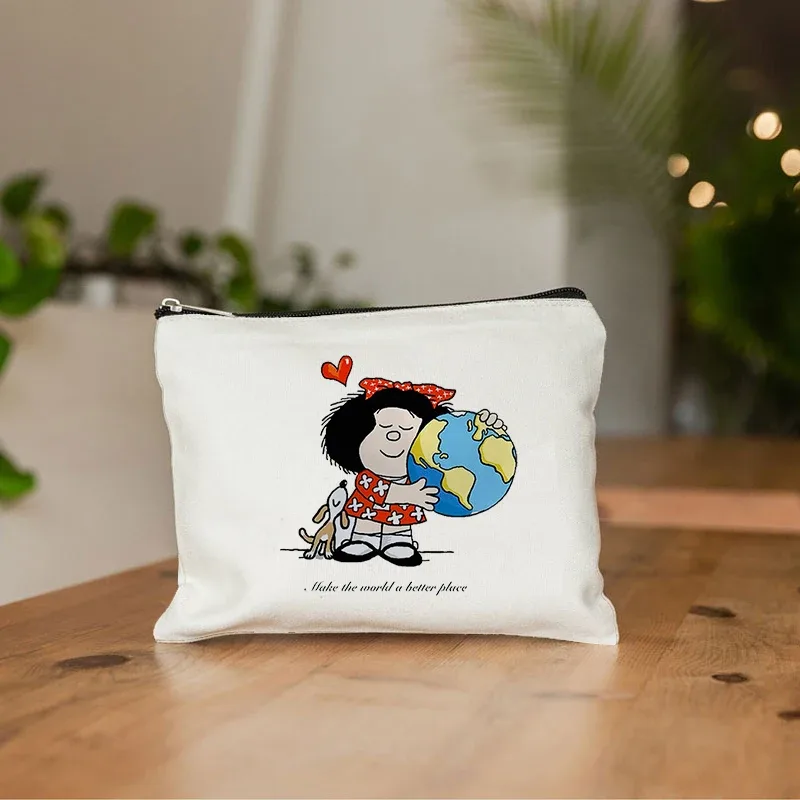 mafalda mignon anime cosmétique trousse de maquillage crayon organisateur fermeture éclair kawaii maquillage pochette sac à main voyage trousses de toilette cadeau