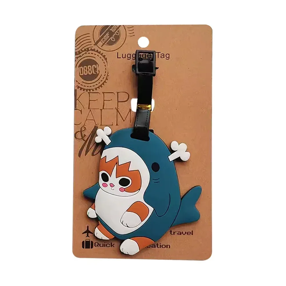 étiquette de bagage design chat requin kawaii, accessoires de voyage pour femmes, étiquette de bagage en pvc de dessin animé pour hommes, portable, anti-perte, adresse, nom