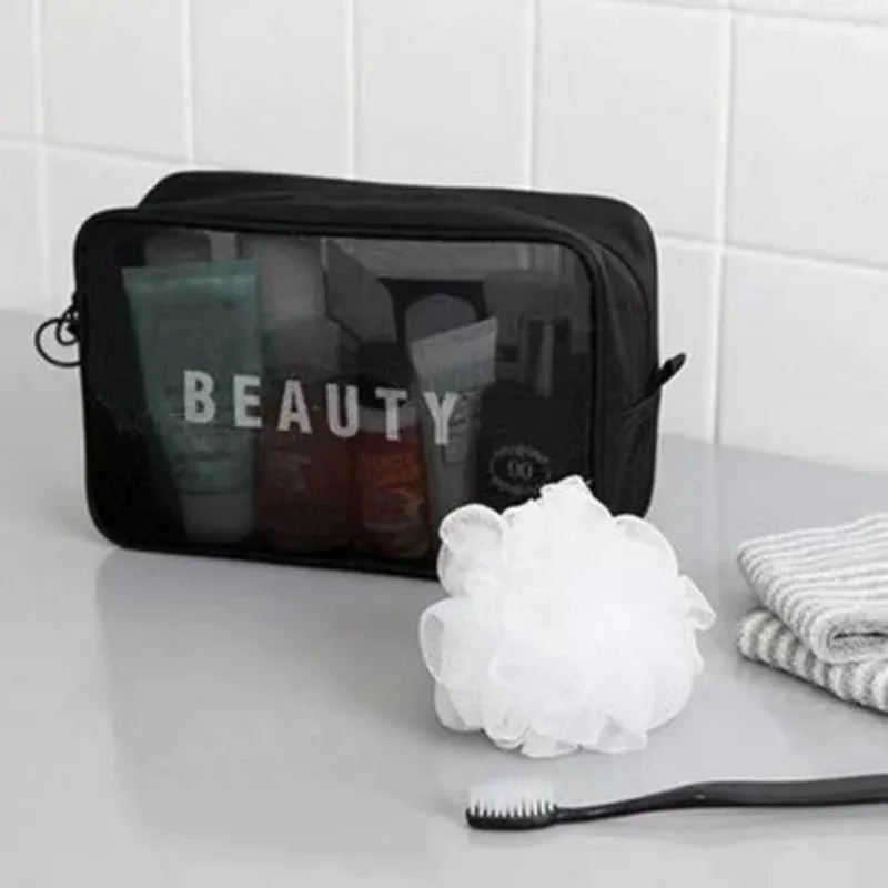 trousse de maquillage pour femmes, sac de voyage, trousse de toilette, trousse de rangement, sacs de maquillage à fermeture éclair, sac à cosmétiques en maille transparente